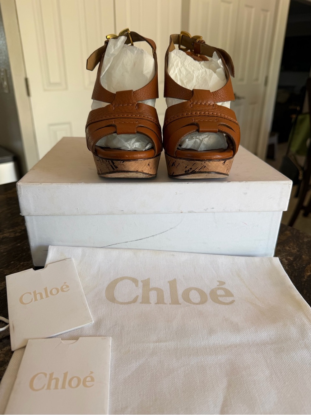 Chloé Tan Leather Cork Wedge Sandals - Picture 2 of 9